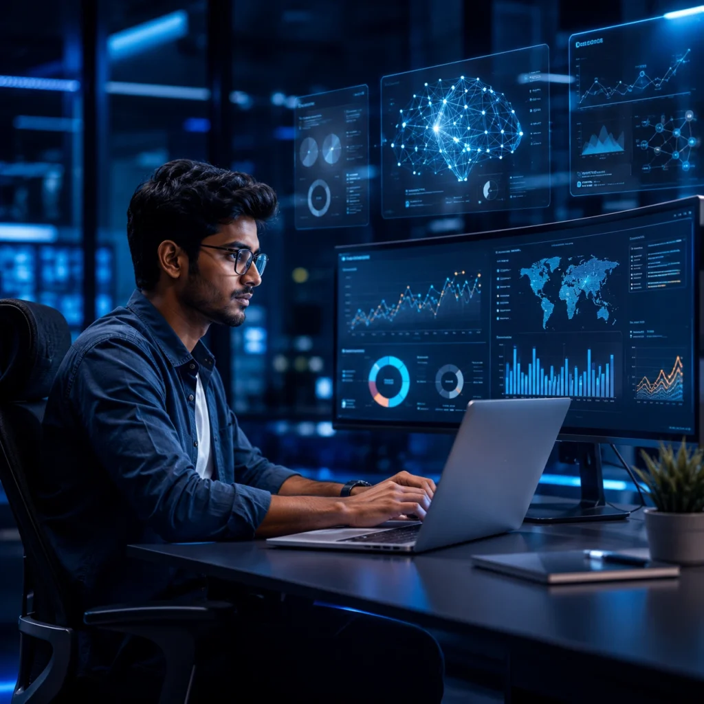 Young South Indian professional analyzing AI dashboards and data visualizations in a futuristic technology workspace with advanced analytics screens.