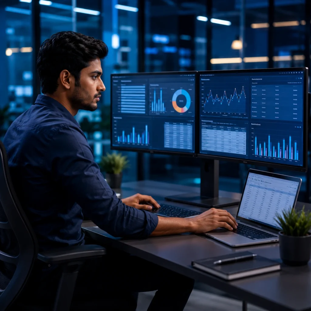 Young South Indian business analyst working on financial dashboards, Excel reports, accounting software, and business intelligence analytics in a professional office environment.