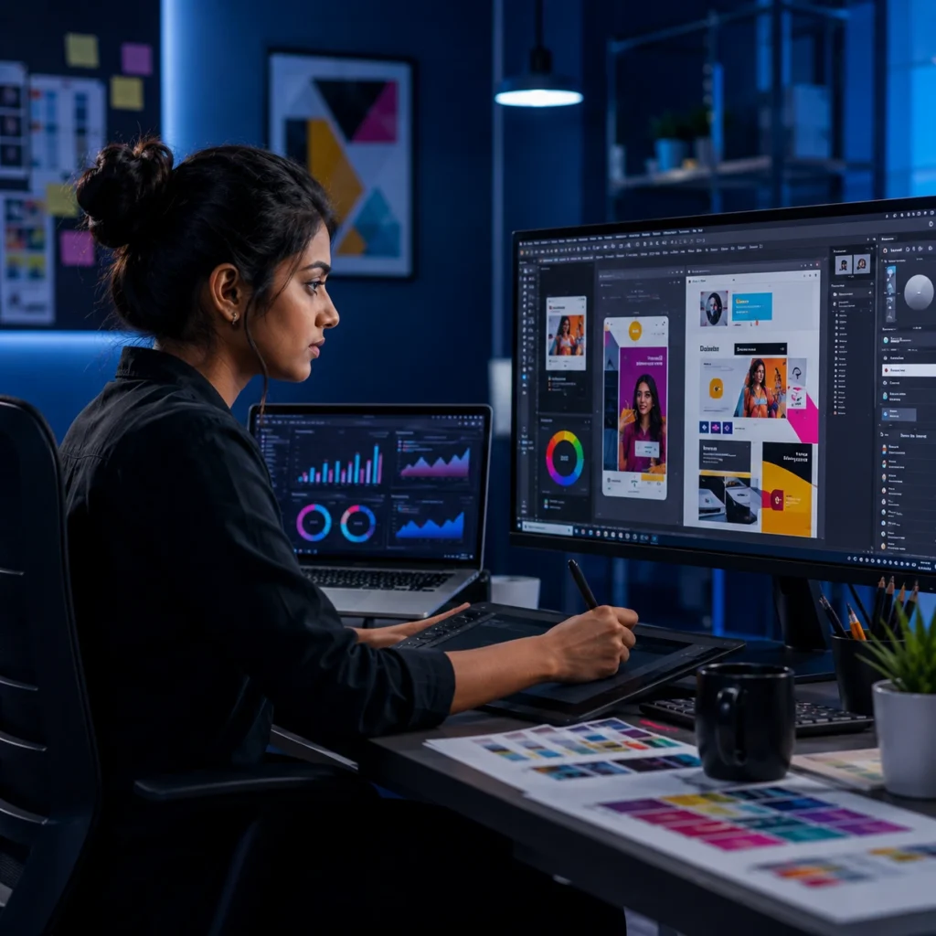 Young South Indian creative professional designing digital marketing campaigns using graphic design software, social media mockups, and marketing analytics.
