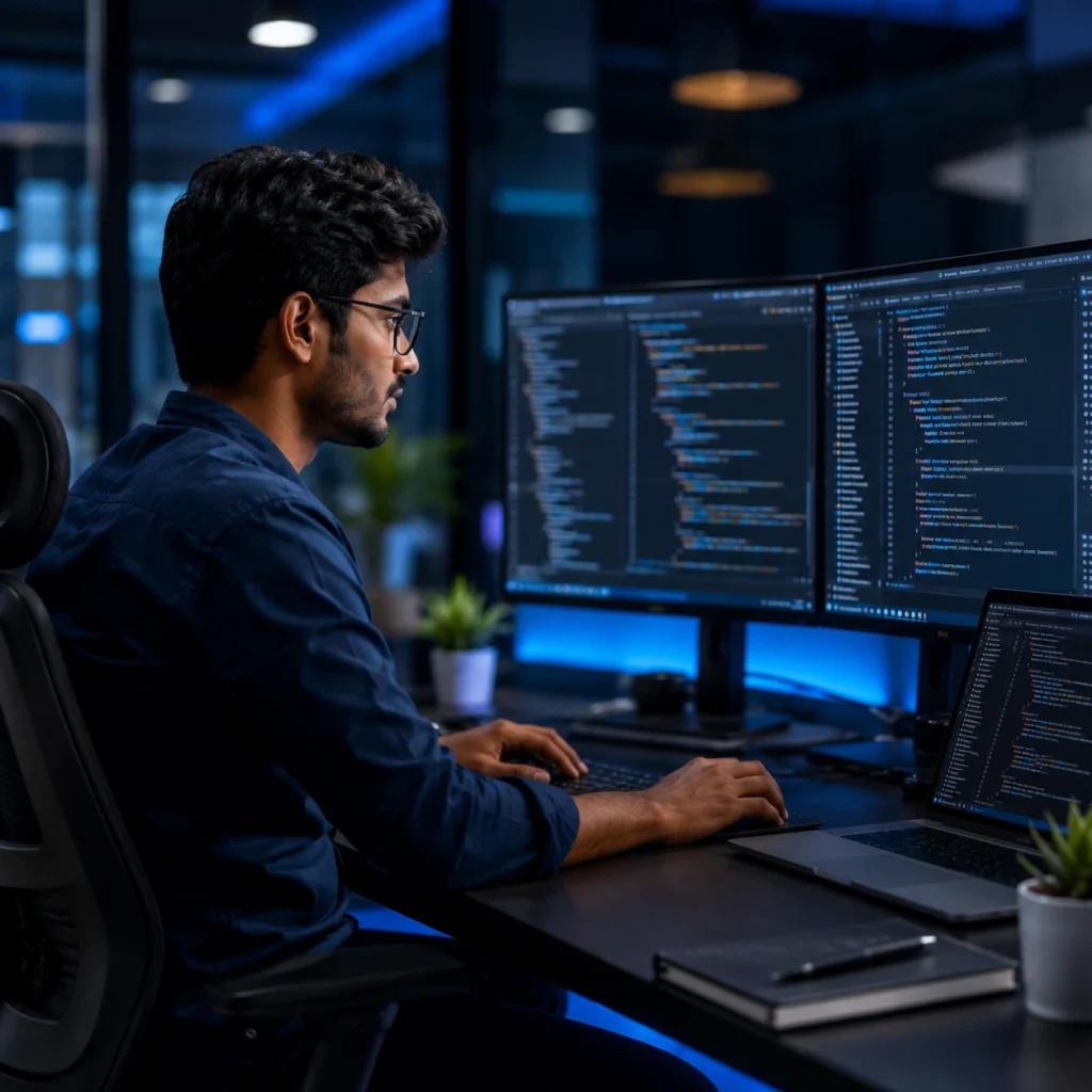 Young South Indian software developer coding on dual monitors in a modern technology workspace with laptop and software development tools.